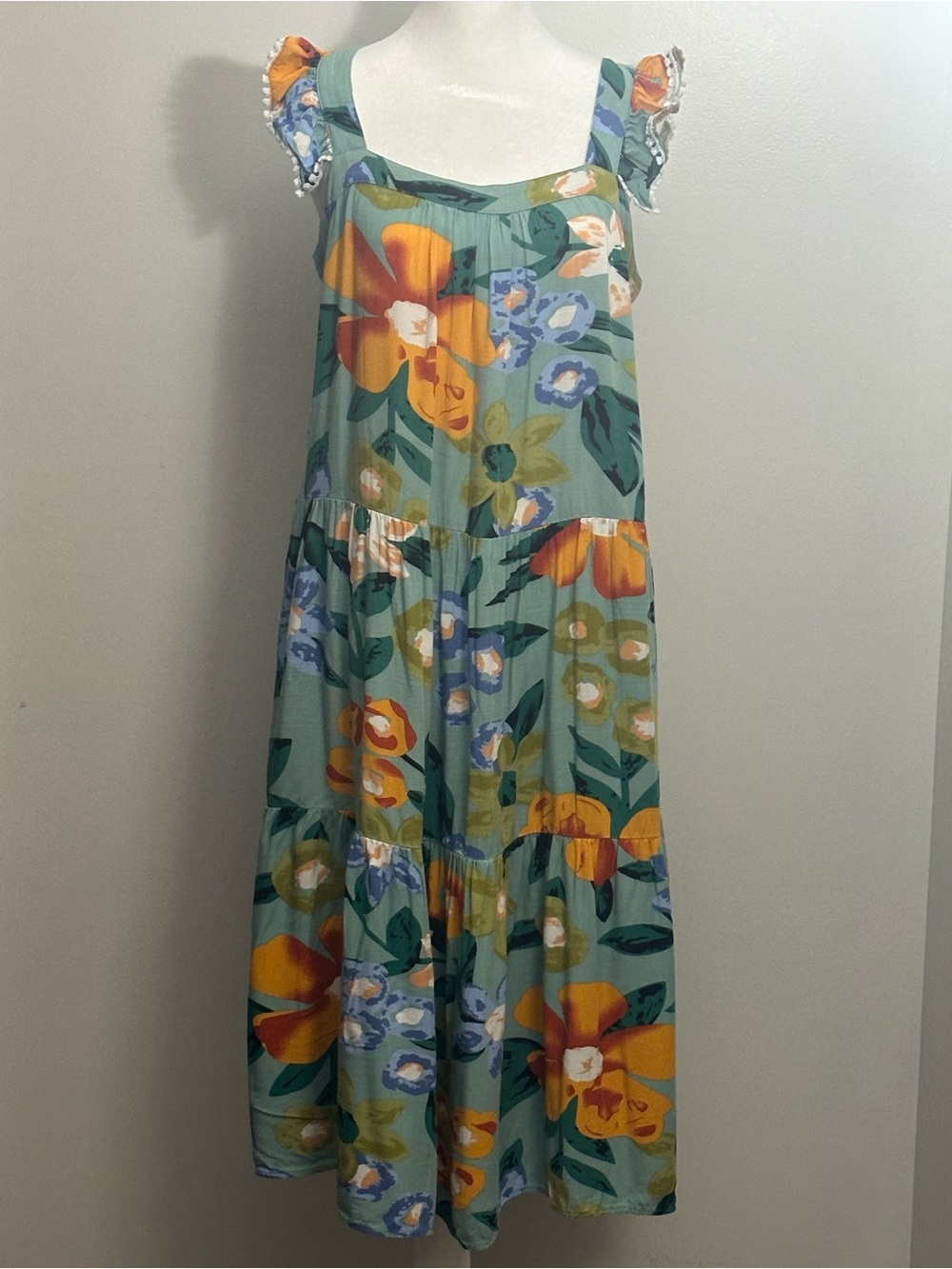 THML Anthropologie | Boho Cottagecore Floral Tiered Midi Dress Ruffled Sleeves